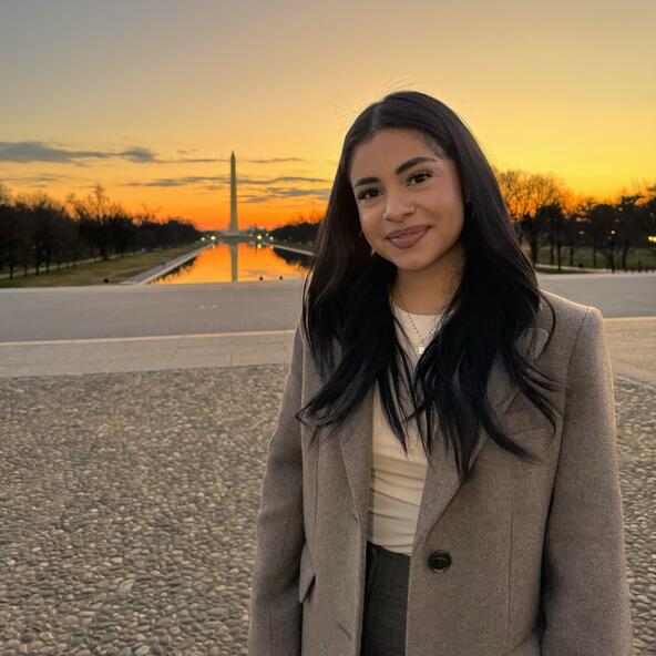 Camila Estrada in front of the Washington Monument