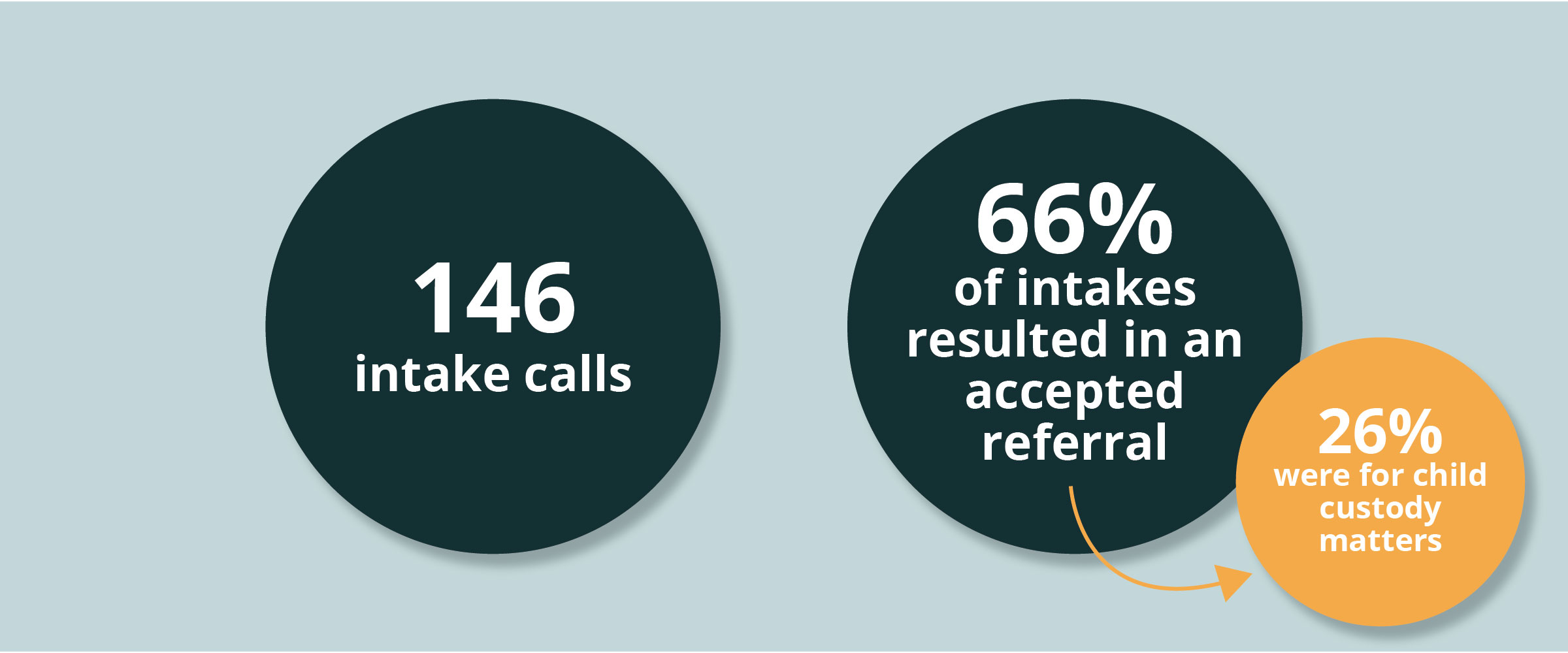 Stats: 146 intake calls. 66% of intakes resulted in an accepted referral. 26% of those were for child custody matters.