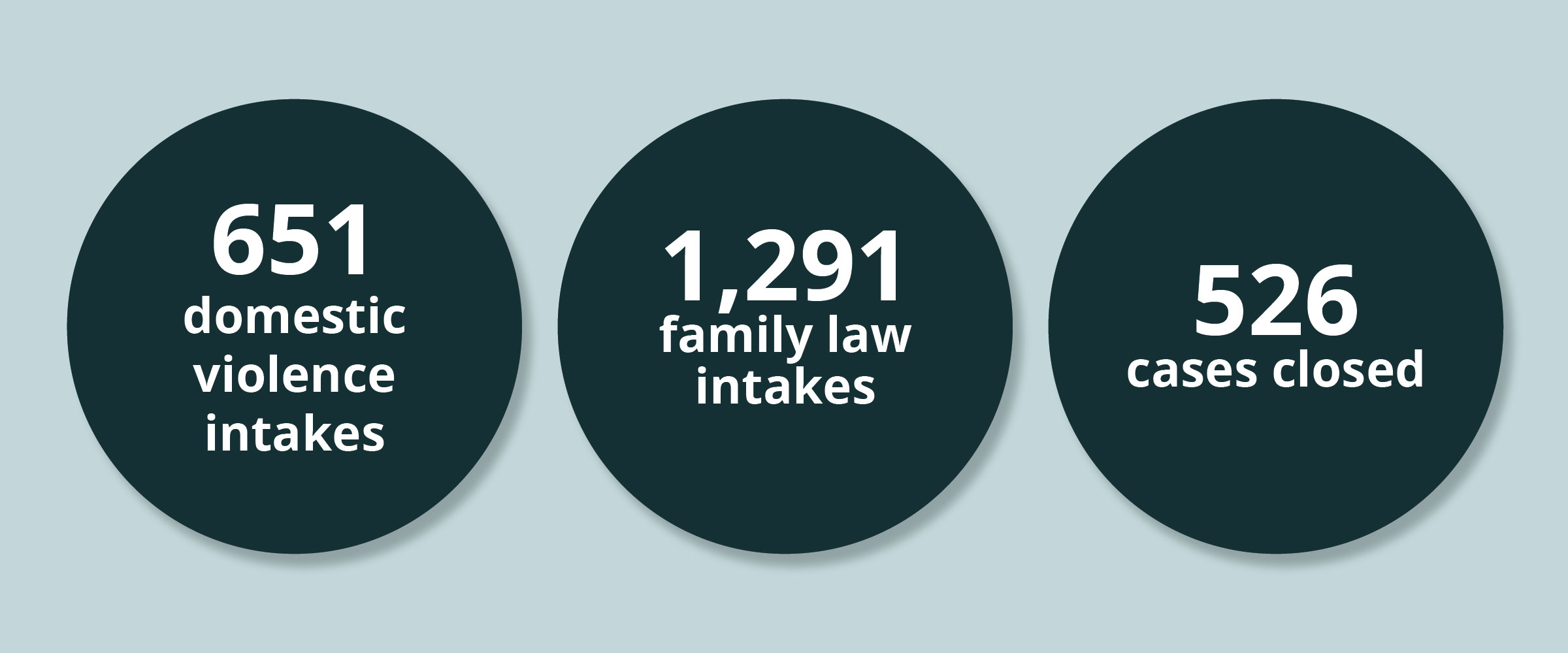 Stats: 651 domestic violence intakes. 1,291 family law intakes. 526 cases closed.