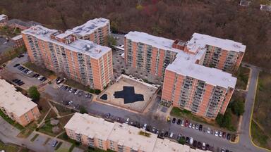 An aerial view of the Marbury Plaza apartment complex